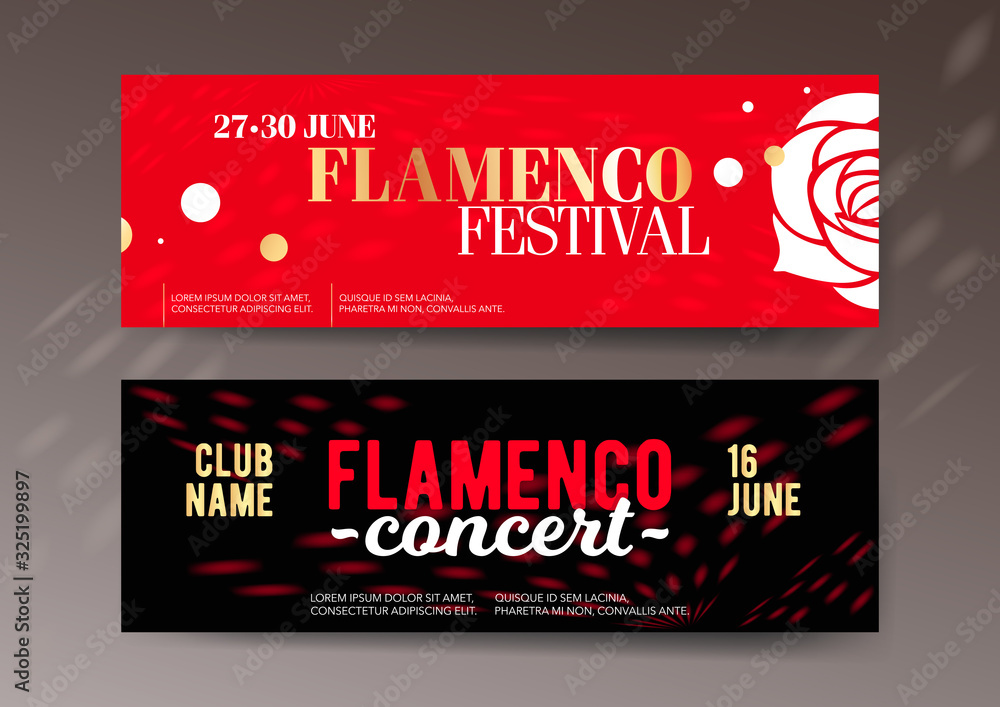Set of two horizontal flamenco banner templates with graphic elements and text.  - obrazy, fototapety, plakaty 