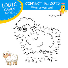 Dot to dot Game. Connect the dots by numbers to draw Sheep. Join all dots and you see which animal is hidden on the picture. Education Game and Coloring Page with cartoon cute Lamb.Logic Game for Kids