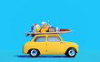 Small retro car with baggage, luggage and beach equipment on the roof, fully packed, ready for summer vacation, cartoon concept of a road trip, blue background and bright yellow car