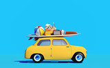 Fototapeta  - Small retro car with baggage, luggage and beach equipment on the roof, fully packed, ready for summer vacation, cartoon concept of a road trip, blue background and bright yellow car