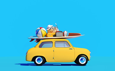 Wall Mural - Small retro car with baggage, luggage and beach equipment on the roof, fully packed, ready for summer vacation, cartoon concept of a road trip, blue background and bright yellow car