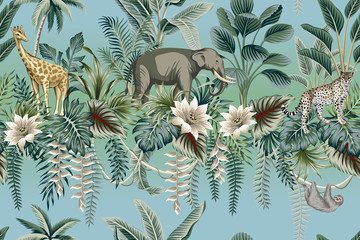 Tropical vintage botanical landscape, lotus flower, palm tree, plant, palm leaves, sloth, leopard, elephant, giraffe floral seamless pattern gradient background. Jungle wild animal wallpaper.