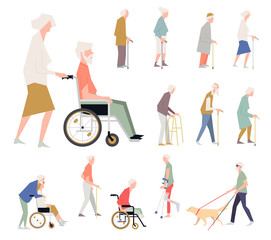 People are disabled on the street. Pensioners on a wheelchair. A person with limited abilities. Characters in a flat style standing.