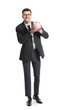 © Pixel-Shot - Happy male bank manager with piggy bank on white background