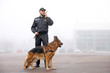 © Pixel-Shot - Male police officer with dog patrolling city street