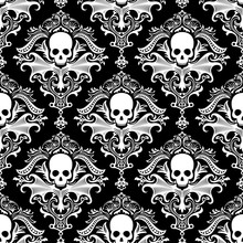 Gothic Skulls Damask Style Black And White Seamless Pattern