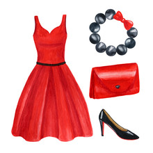 Red And Black Set Of Women's Accessories. Dress, Clutch Shoes And Bracelet. Watercolor Illustration. Isolate On A White Background.