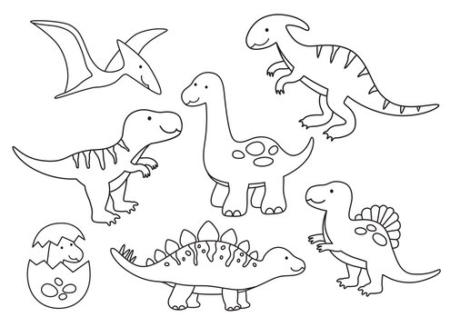 Fototapete - Vector illustration of black and white dinosaur outline drawing set.