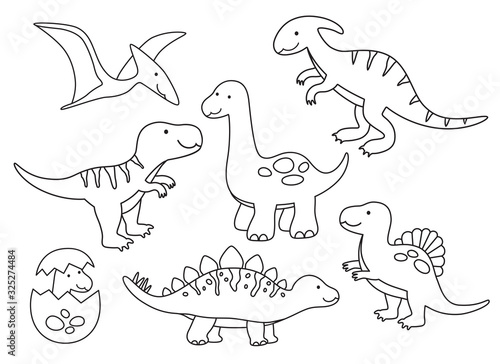 Vector illustration of black and white dinosaur outline drawing set Wallpaper Mural