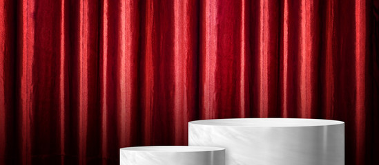 Aufkleber - Product display glossy white marble cylinder stand in two step with red curtain wall background.Banner mockup space for display of product design