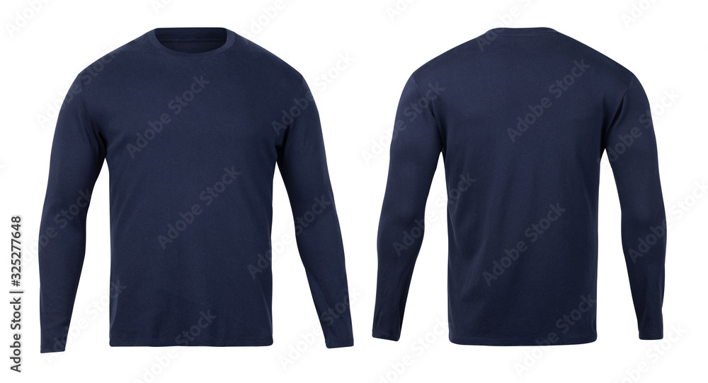 Navy long sleeve t-shirt front and back view mock-up isolated on white background with clipping path. - obrazy, fototapety, plakaty 