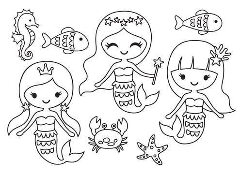 Fototapete - Vector illustration of black and white mermaid and fish outline for coloring.