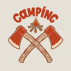 Poster - Camping. Illustration of two crossed hatchets and tourist campfire. Design element for poster, card, banner, flyer, t shirt. Vector illustration