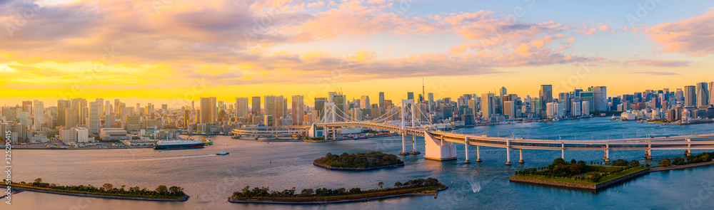 Panoramic Aerial view of Tokyo skylines with Rainbow bridge and tokyo tower over Tokyo bay in daytime from Odaiba in Tokyo city Kanto Japan. - obrazy, fototapety, plakaty 