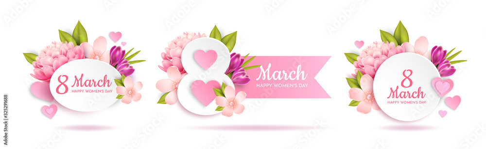 Set of greeting banners for March 8th(International Women's Day).   - obrazy, fototapety, plakaty 