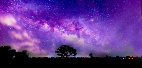 Amazing Panorama blue night sky milky way and star on dark background.Universe filled with stars, nebula and galaxy with noise and grain.Photo by long exposure and select white balance.selection focus
