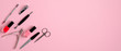 © photoguns - Top view of manicure and pedicure equipment on pink background. Nail salon banner design template. Beauty treatment concept