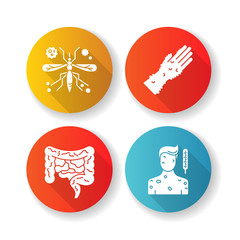 Sticker - Contagious diseases flat design long shadow glyph icons set. Malaria, smallpox, schistosomiasis and measles infections. Healthcare and medicine. Infectious illnesses silhouette RGB color illustration