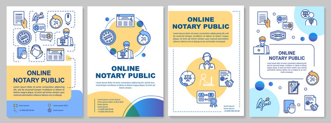 Online notary public brochure template. Professional legal consultation. Flyer, booklet, leaflet print, cover design with linear icons. Vector layout for magazines, annual reports, advertising posters