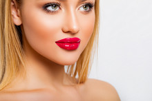 Sexy Red Lips Closeup. Beauty Lips With Red Lipstick. Perfect Makeup. Young Woman Close Up.  