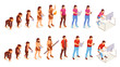 Human evolution, vector icons of man and woman from ape monkey to office worker. People evolution process from caveman primitives to modern life