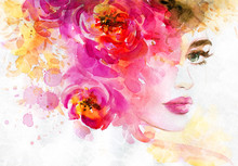 Woman With Flowers. Beauty Background. Fashion Illustration. Watercolor Painting