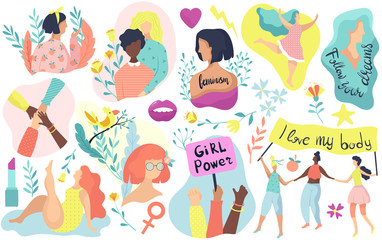 feminism icons, women rights, girl power vector illustration. set of isolated icons and stickers of 