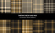 Plaid pattern set. Seamless vector texture. Tartan check plaid background in nearly black and gold for flannel shirt, skirt, blanket, throw, jacket, dress, or other modern clothing design.