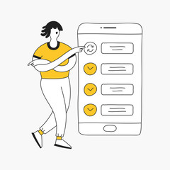 To do or task list check list marks on the smartphone display and cartoon man points to one of the tasks in the progress. Modern thin line isolated vector illustration.