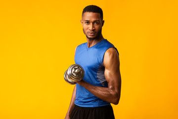 Poster - Afro bodybuilder pumping up biceps with dumbbells