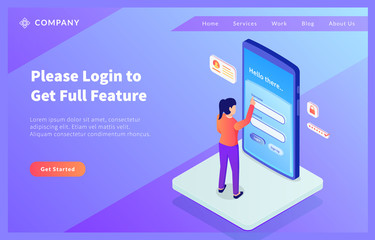 Wall Mural - secure login concept in smartphone with woman access username and password with isometic style