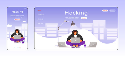 Wall Mural - hacking adaptive landing page flat color vector template. online security. hacker with laptop mobile