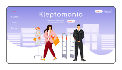 Wall Mural - kleptomania landing page flat color vector template. shoplifting. store theft. criminal activity. ho