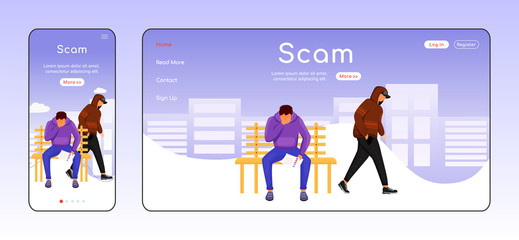 Wall Mural - scam adaptive landing page flat color vector template. blackmailing mobile and pc homepage layout. l