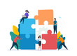 Teamwork concept with building puzzle. People working together with giant puzzle elements. Symbol of partnership and collaboration. Flat vector illustration isolated on white background.