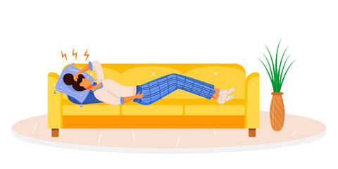 Canvas Print - Headache flat color vector faceless character. Woman suffering migraine. Female with chronic stress on couch. Tired person lying on sofa. Symptom of disease isolated cartoon illustration