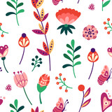 Floral seamless pattern. Holiday background with eggs, flowers and leaves. Vector illustration