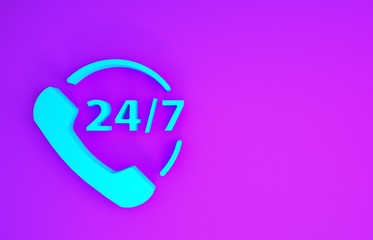 Sticker - Blue Telephone 24 hours support icon isolated on purple background. All-day customer support call-center. Full time call services. Minimalism concept. 3d illustration 3D render