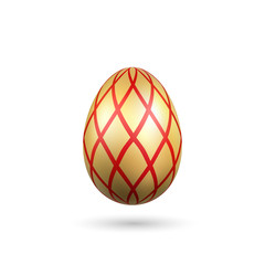 Wall Mural - Easter egg 3D icon. Red gold egg, isolated white background. Bright realistic design, decoration for Happy Easter celebration. Holiday element. Shiny pattern. Spring symbol. Vector illustration