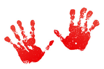 Wall Mural - Hand paint print set, isolated white background. Red human palm and fingers. Abstract art design, symbol identity people. Silhouette child, kid, people handprint. Grunge texture. Vector illustration