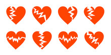 Red Cracked Hearts Flat Icons Set. Wrecked Heart Symbols Isolated On White. Unhappy Love, Divorce Or Mental Pain Concept. Various Shapes With Cracks. Scalable Vector Illustration In EPS8.
