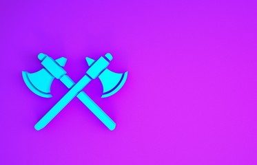 Sticker - Blue Crossed medieval axes icon isolated on purple background. Battle axe, executioner axe. Minimalism concept. 3d illustration 3D render