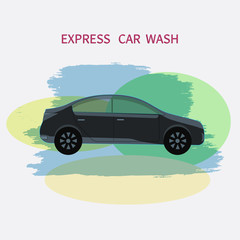 Black car profile, abstract background in grunge style - isolated - vector. Express car wash