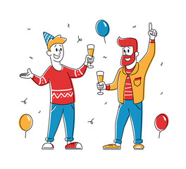 Wall Mural - Couple of Young Men Holding Glasses with Champagne Beverage Celebrate Holiday Drinking Alcohol Cocktail and Communicating on Birthday Party or Festive Event. Cartoon Flat Vector Illustration, Line Art