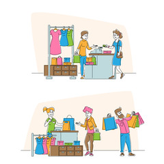 Poster - Shopping Sale and Discount Set. Happy Male and Female Characters Buying Things and Presents for Holidays in Store. Consumerism and Price Off Promo in Shop Cartoon Flat Vector Illustration, Line Art