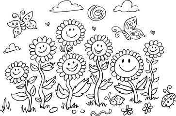 vector black and white cartoon sunflowers illustration. suitable for greeting cards, colouring activ