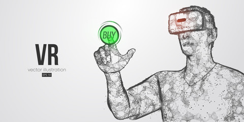 Wall Mural - vr online shopping. polygonal man wearing virtual reality glasses, helmet. vr headset holographic lo