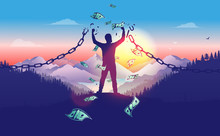 Break The Chains To Accomplish Financial Freedom. Man Breaking Free In Sunrise With Money Raining Down, Breaking Chains, Winner, Entrepreneur, Powerful Financial Man Concept. Vector Illustration.