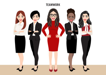 Wall Mural - Cartoon character with business team set or leadership concept with businesswomen. Vector illustration in cartoon style.