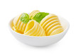 canvas print picture - Butter curls or butter rolls in white bowl with fresh basil leaves isolated on white background.